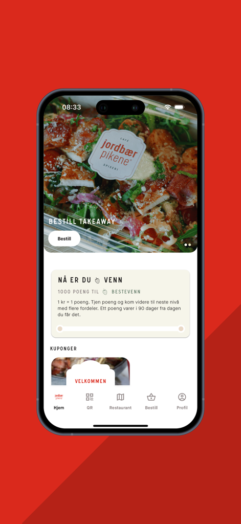 Jordbærpikene - Jordbaerpikene App-Oberfläche, die Treuepunkte und Optionen für die Mitnahmebestellung anzeigt