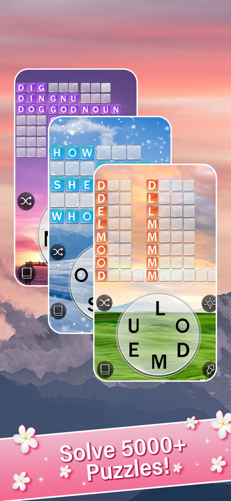 Tre schermate di gioco di Otium Word con puzzle di ricerca parole su splendidi paesaggi naturali