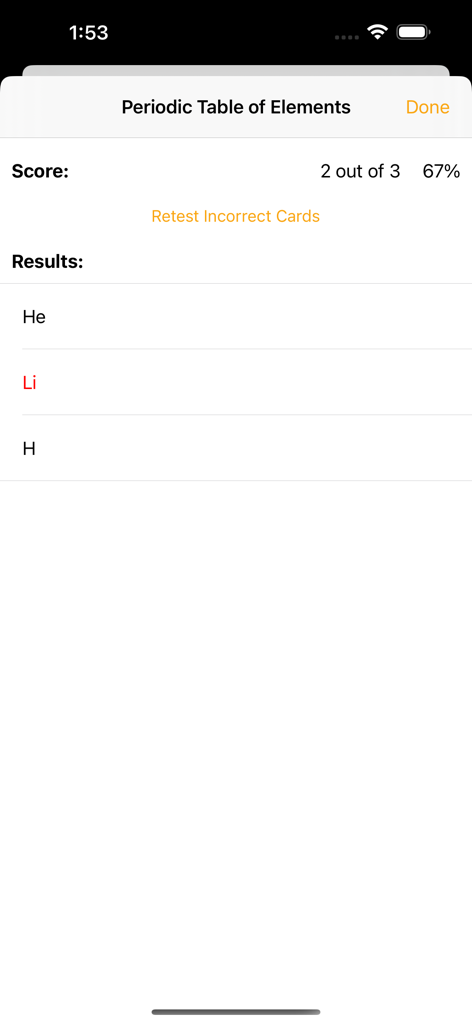 Flashcards - Build Your Own - Pantalla de resultados del cuestionario en la aplicación Tarjetas de Memoria que muestra una puntuación del 67 por ciento para un mazo de la Tabla Periódica y una opción para volver a examinar las tarjetas incorrectas.