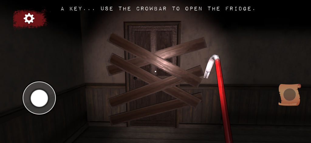 Evil Lady Escape: Horror Game - A first person view of a boarded up wooden door and a red crowbar in the game Evil Lady Escape
