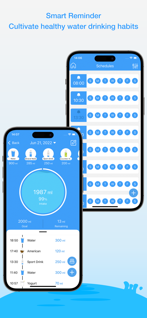 Daily Water Pro - Daily Water Pro app screens showing hydration tracking progress and customizable drinking schedules