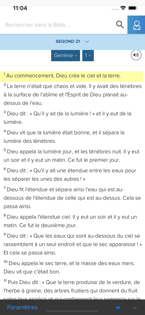 TopBible - TopBible app interface showing the first chapter of Genesis in French