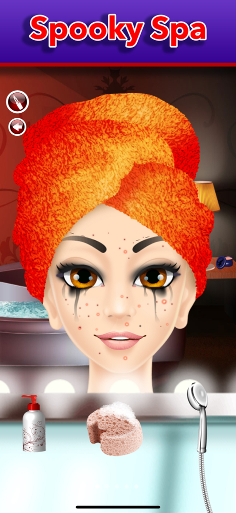 A character with smudged makeup and an orange hair towel in the Spooky Spa level of the game