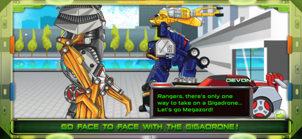 Un Megazord se enfrenta a un Gigadrone en una escena de batalla de la aplicación Power Rangers Beast Morphers