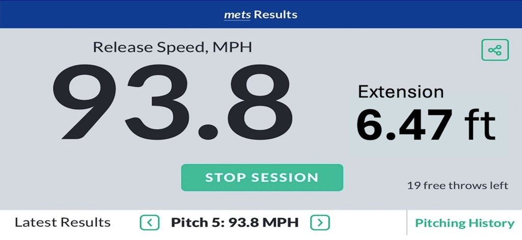SmartPitch app screen displaying a baseball pitch release speed of 93.8 MPH and 6.47 feet extension