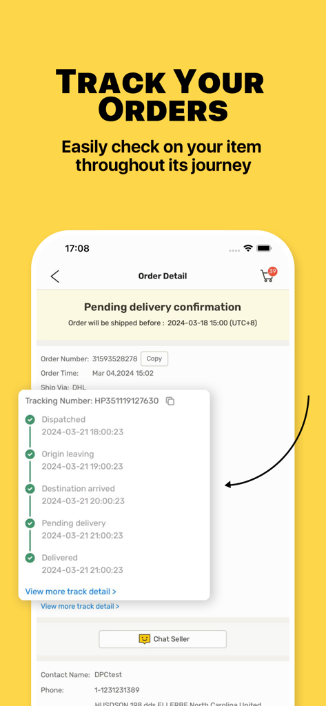 L'interface de l'application mobile DHgate affiche les détails de suivi des commandes en temps réel et l'historique de livraison.