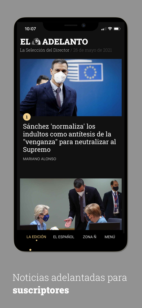Mobile interface of El Español app displaying curated news for premium subscribers
