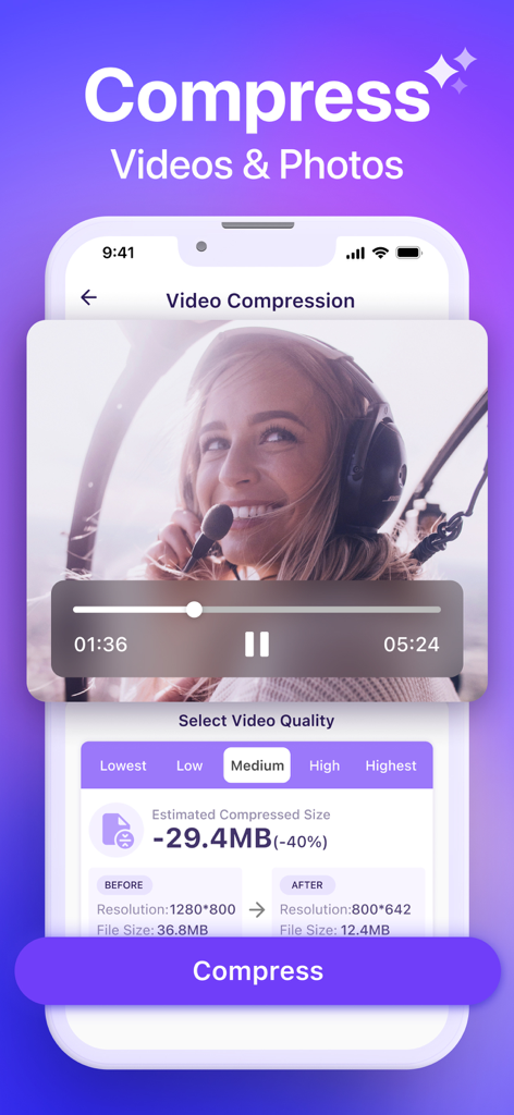 Space Cleaner-Clean Up Storage - Interface of the Space Cleaner app showing the video compression feature with storage savings information