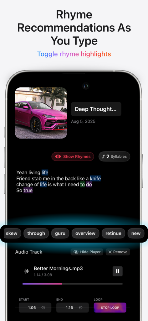Interface do aplicativo Fye AI mostrando recomendações de rimas em tempo real e letras codificadas por cores sobre uma faixa de áudio em reprodução.