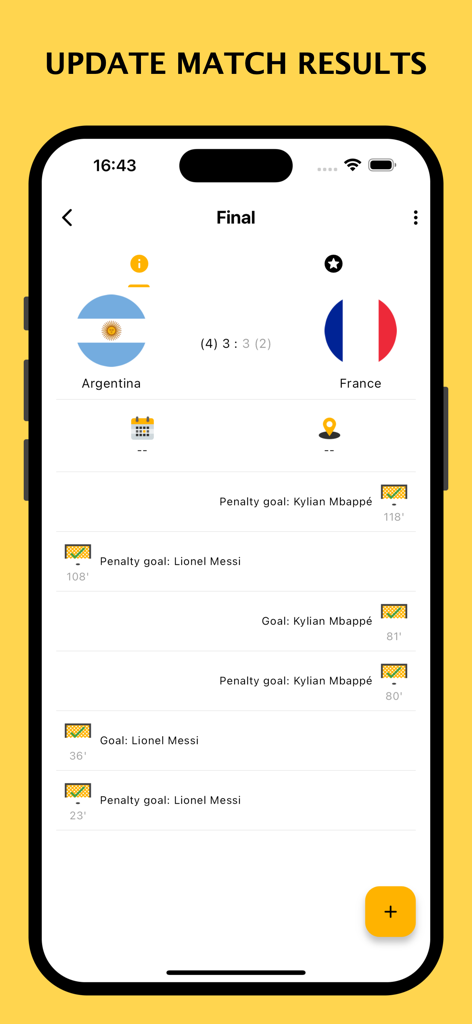 Detailed soccer match results screen showing goal scorers and penalties for Argentina vs France in the Winner tournament maker app