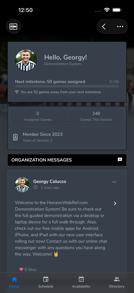 HorizonWebRef.com - HorizonWebRef app home screen displaying referee stats and organization messages.