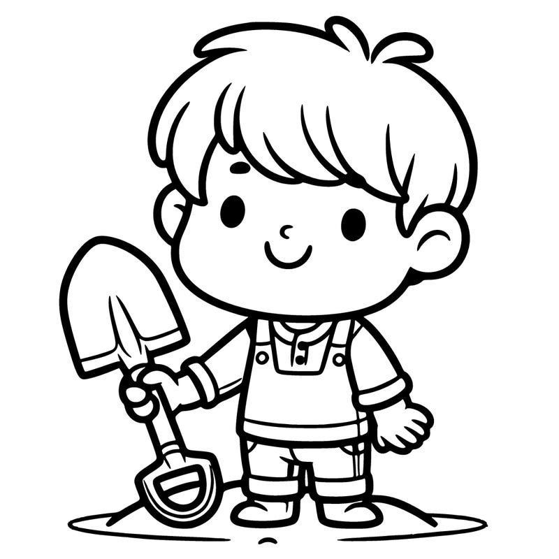 3 year old boy holding a shovel looking happy