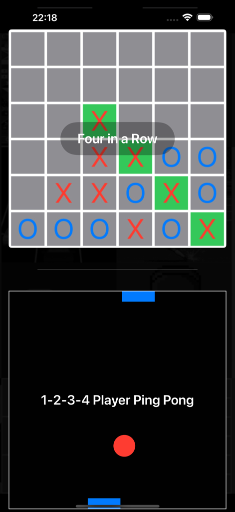 20 Mini Games: Watch & Phone - Interface of Four in a Row and multiplayer Ping Pong mini games.