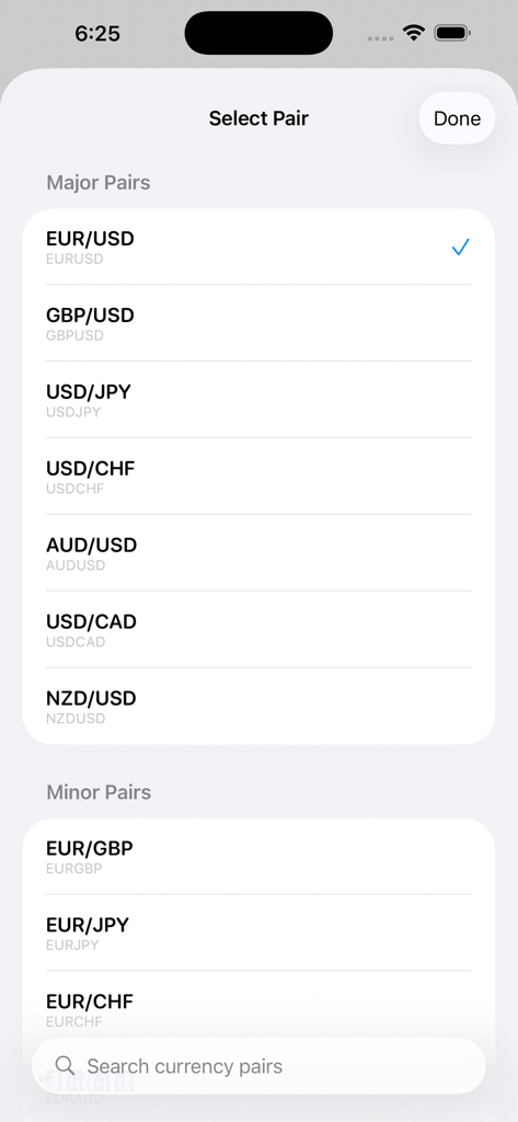 Interface of the Pip and Lot Size Calculator showing a list of major and minor currency pairs for selection.