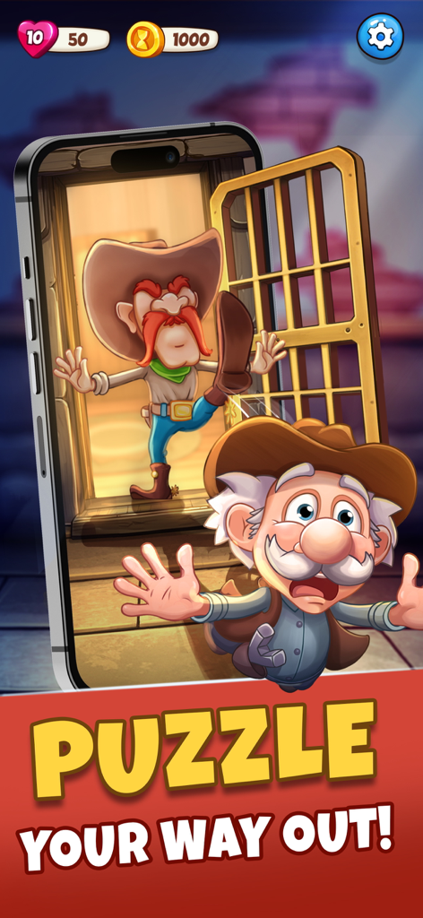 A cartoon cowboy and a professor in a Wild West escape room puzzle scene with the text Puzzle Your Way Out.