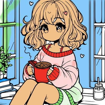 cute anime girl reading book and drinking hot chocolate from mug with loose wavy hair wearing a baggy sweatshirt and shorts sitting by windowsill looking out