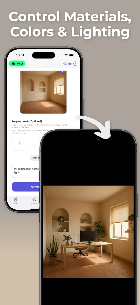 Office & Home Design Planner - Interface do aplicativo mostrando um cômodo vazio transformado em um escritório doméstico mediterrâneo mobiliado com IA