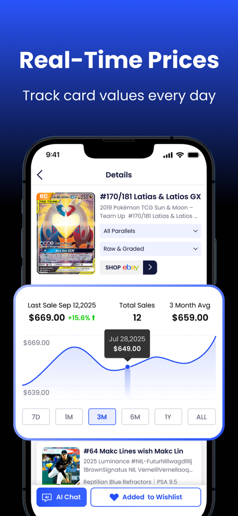 CardX app interface showing real time market price trends and a value graph for a Pokemon trading card