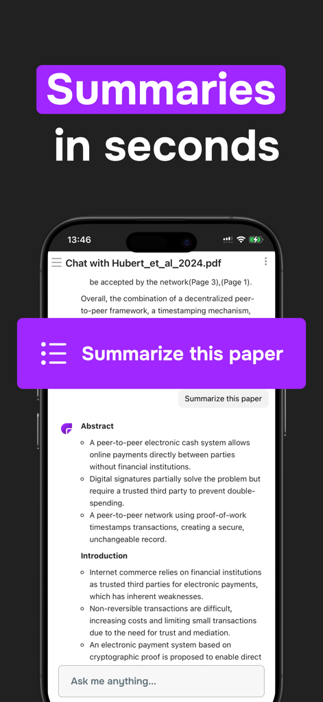 ChatPDF - Chat PDF AI - Mobile App-Oberfläche von ChatPDF, die eine KI-generierte Zusammenfassung einer Forschungsarbeit mit den Abschnitten Abstract und Introduction zeigt