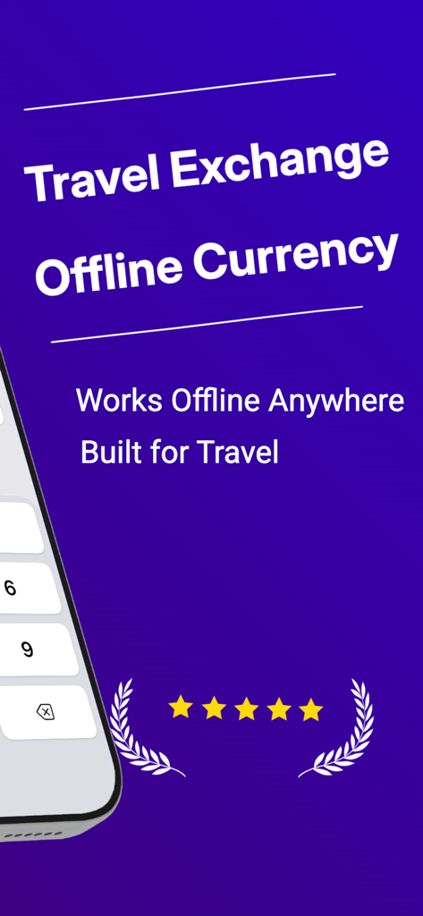 Captura de tela do aplicativo Travel Exchange destacando a conversão de moeda offline para viajantes internacionais.