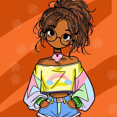 girl with a messy ponytail glasses a baggy crop top and jean shorts