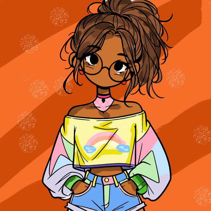 girl with a messy ponytail glasses a baggy crop top and jean shorts