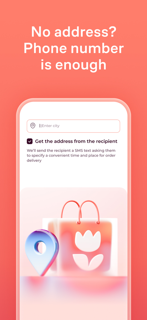 Flowwow app screen demonstrating the feature to send gifts using only the recipient phone number to arrange delivery
