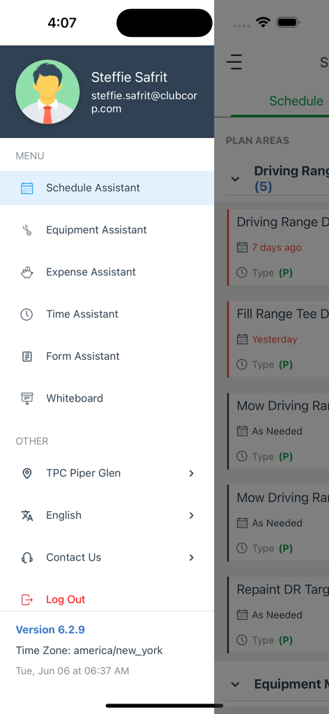 Turf Assistant app sidebar menu showing schedule equipment and expense management options