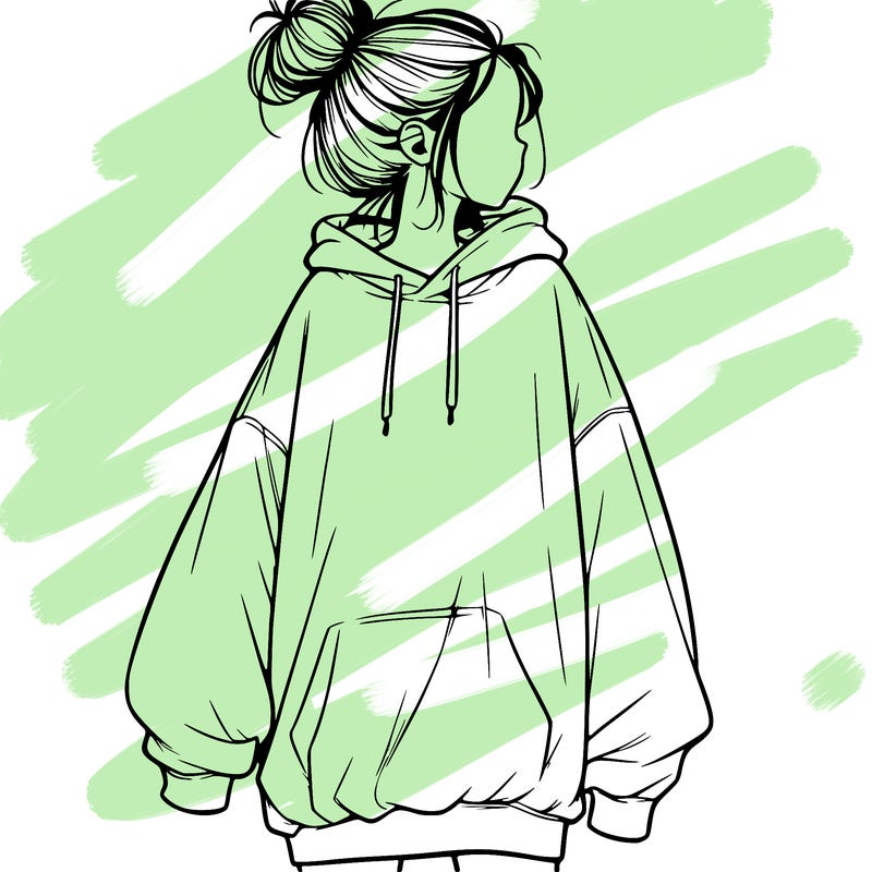 realistic girl with a oversized sweatshirt on and a bun