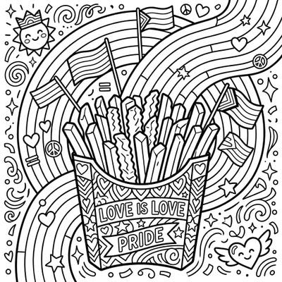 Get ready to celebrate love and diversity with this joyful Golden French Fries Pride coloring page! It features a festive box of fries surrounded by vibrant symbols of unity and happiness for Pride Month.