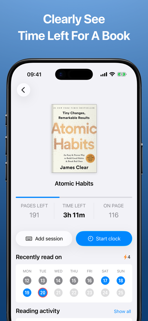 Interfaccia dell'app Reading Time che mostra il tempo rimanente e le pagine rimanenti per un libro