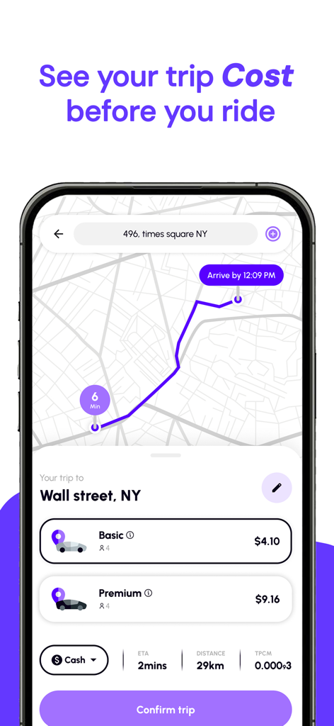 TripPicker:Web3 Mobility - TripPicker app interface showing ride cost estimation and vehicle options for a trip in New York