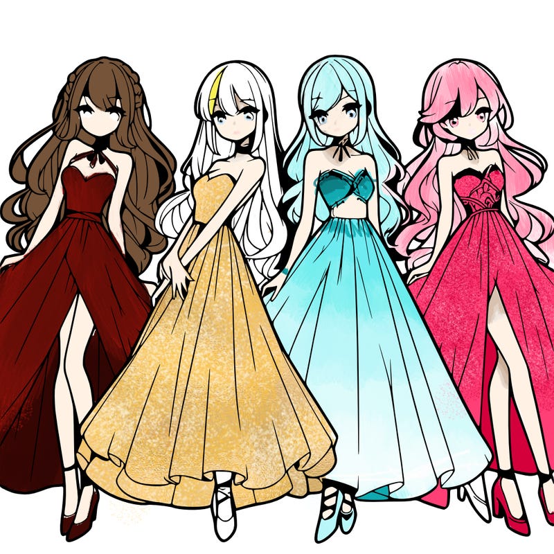 4 anime girls wearing long flowing dresses