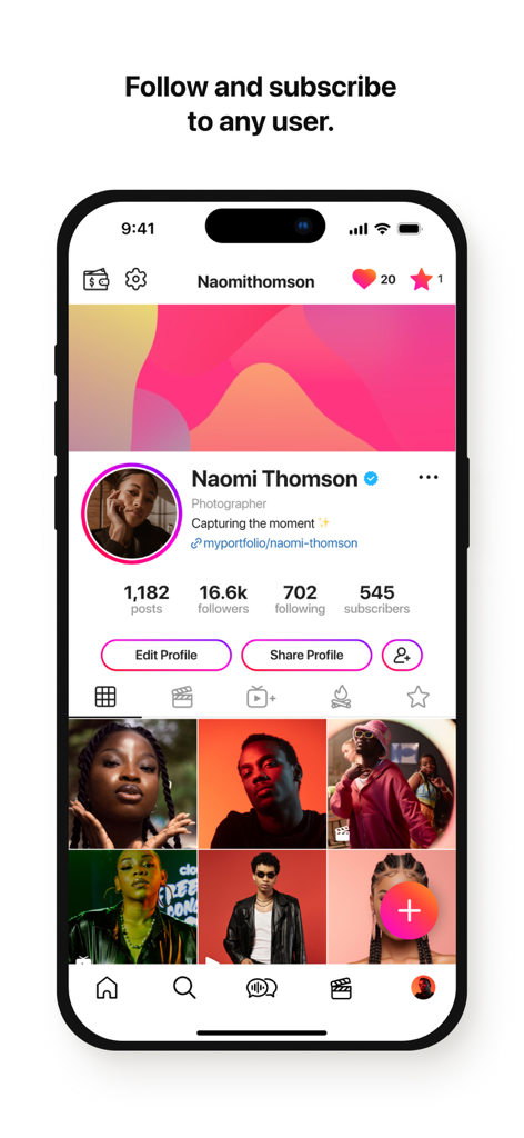 Fanbase mobile app interface showing a creator profile with subscriber counts and a photo grid.