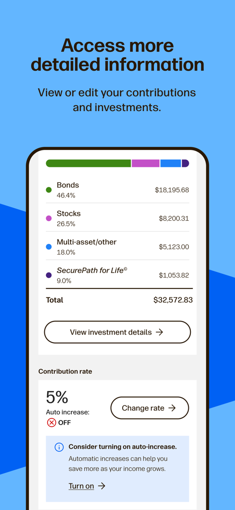 Transamerica Retirement App - Detailed investment portfolio breakdown and contribution rate settings in the Transamerica Retirement App.