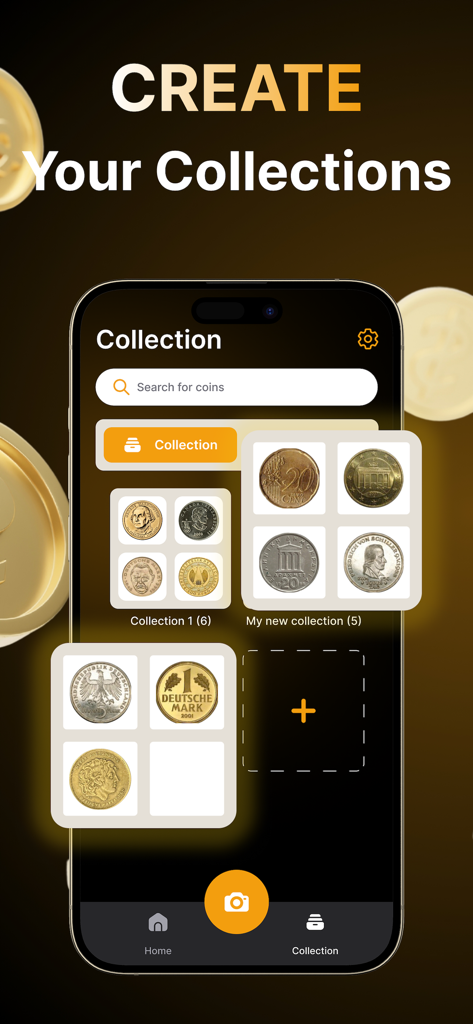 Coin Identifier: Scanner Value - Interfaz de la aplicación móvil mostrando colecciones de monedas digitales y funciones de gestión de inventario