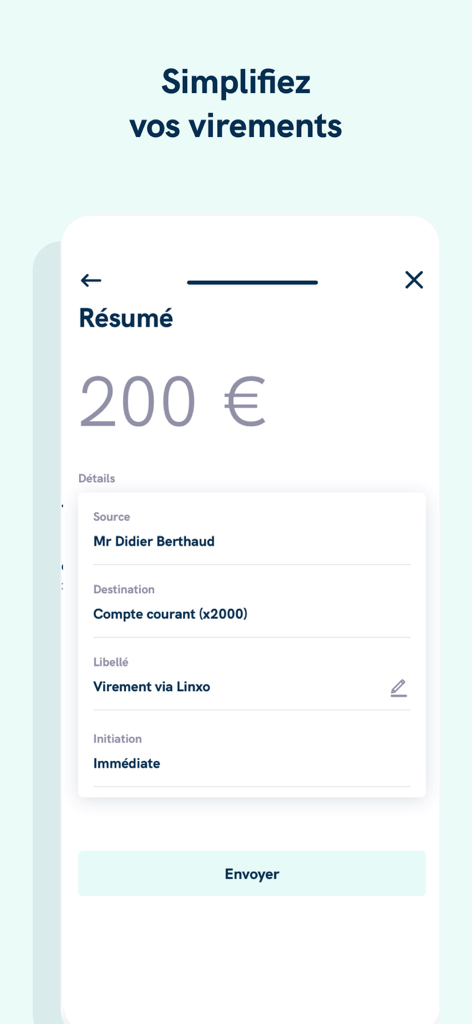 Linxo - L'app n°1 de budget - Summary screen of a 200 Euro bank transfer within the Linxo mobile application