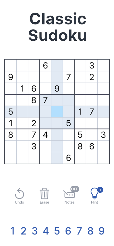 Sudoku Classic Offline Puzzle - Interfaz clásica de cuadrícula de puzle de Sudoku con números y herramientas de juego como deshacer y pista.