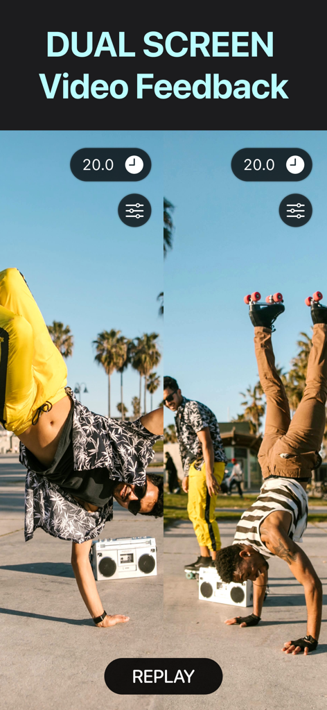 A split-screen view in the app showing two athletes with 20-second delay timers for instant video feedback and form analysis.