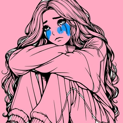 a girl with long hair wearing a sweatshirt and sweatpants.the girl is realistic and she has long hair that is also realistic.her head is on her knees and she is crying.she is sitting down and she looks sad