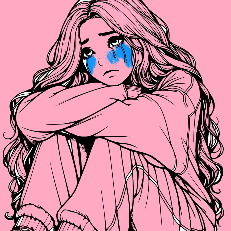 a girl with long hair wearing a sweatshirt and sweatpants.the girl is realistic and she has long hair that is also realistic.her head is on her knees and she is crying.she is sitting down and she looks sad
