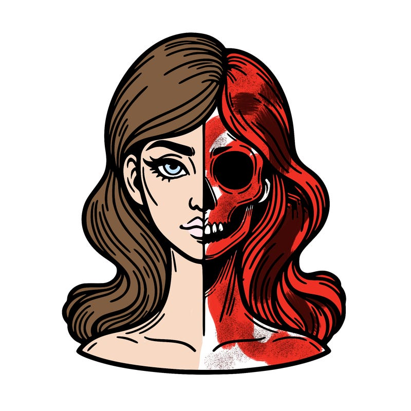 bust of a woman, half face and hair, half skull