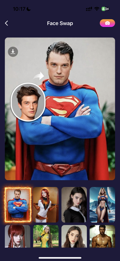 スーパーマンのキャラクターにAI顔交換をしているモバイルアプリのインターフェース