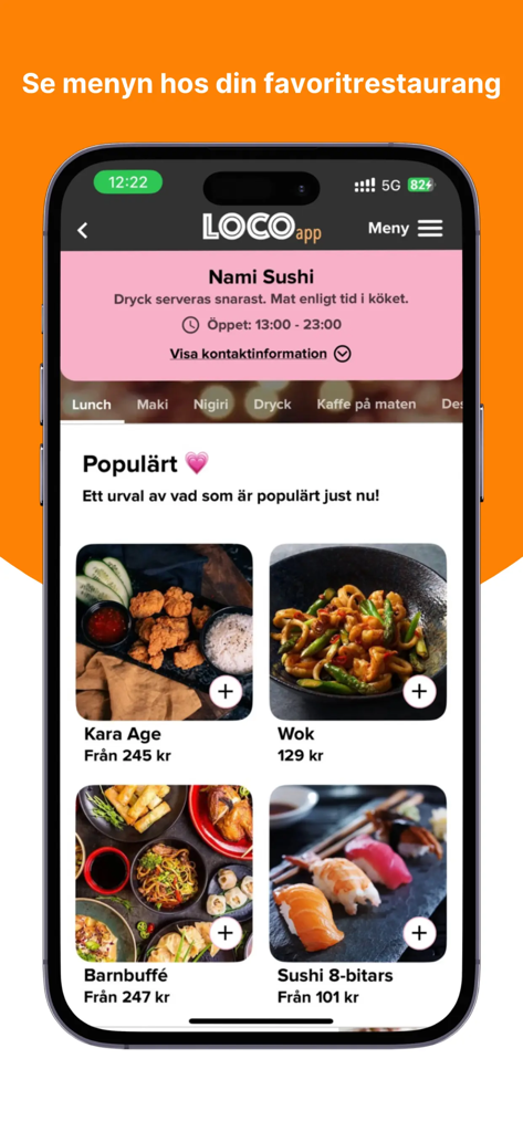 Loco - A mobile screenshot of the Loco app displaying a sushi restaurant menu with food categories and popular dishes