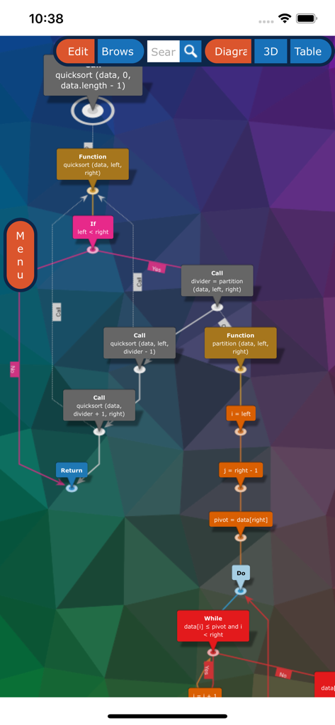 KnowledgeBase Builder - A technical flowchart visualization of the quicksort algorithm logic within the KnowledgeBase Builder app
