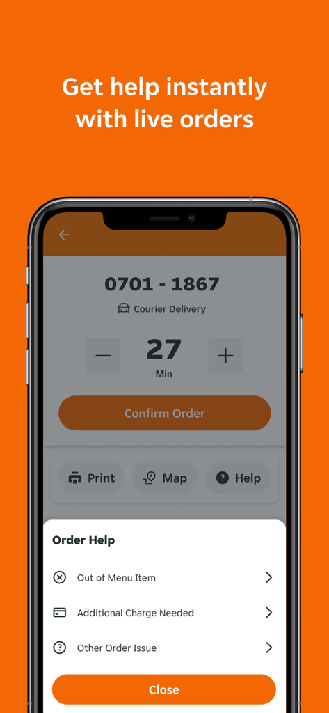 Skip Partner app interface showing help options for a live courier delivery order