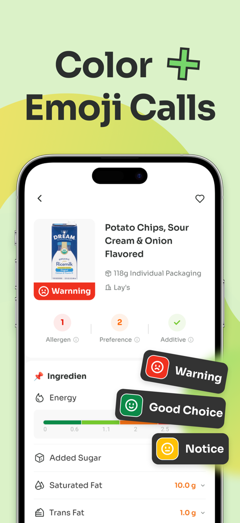 Food & Product Scanner - zapit - Zapit app screen showing color-coded health warnings and emoji ratings for nutritional food analysis.