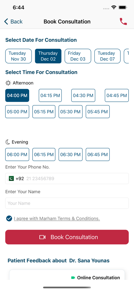 Marham app screen for booking a doctor consultation with date and time selection