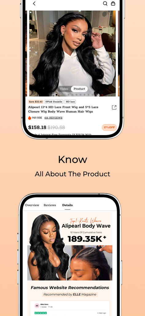 Alipearl: Best Human Hair Wigs - Alipearlアプリのスクリーンショット。詳細な人毛ウィッグの商品情報とレビューを表示しています。