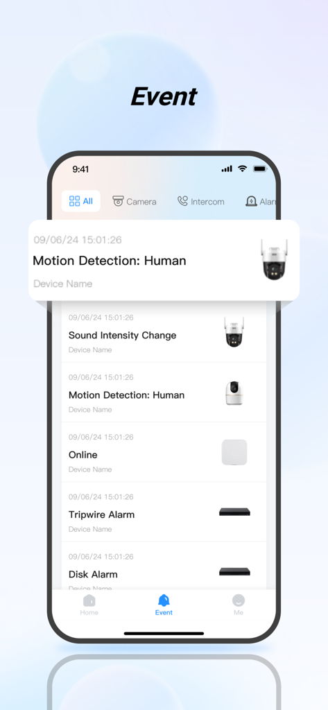Écran d'événements de l'application DMSS affichant la détection de mouvement et les notifications d'alarme de sécurité.
